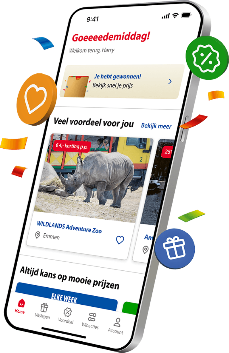 Een mobiele telefoon waar de Postcode Loterij App op te zien is, klik hier om meer te lezen over de Postcode Loterij App